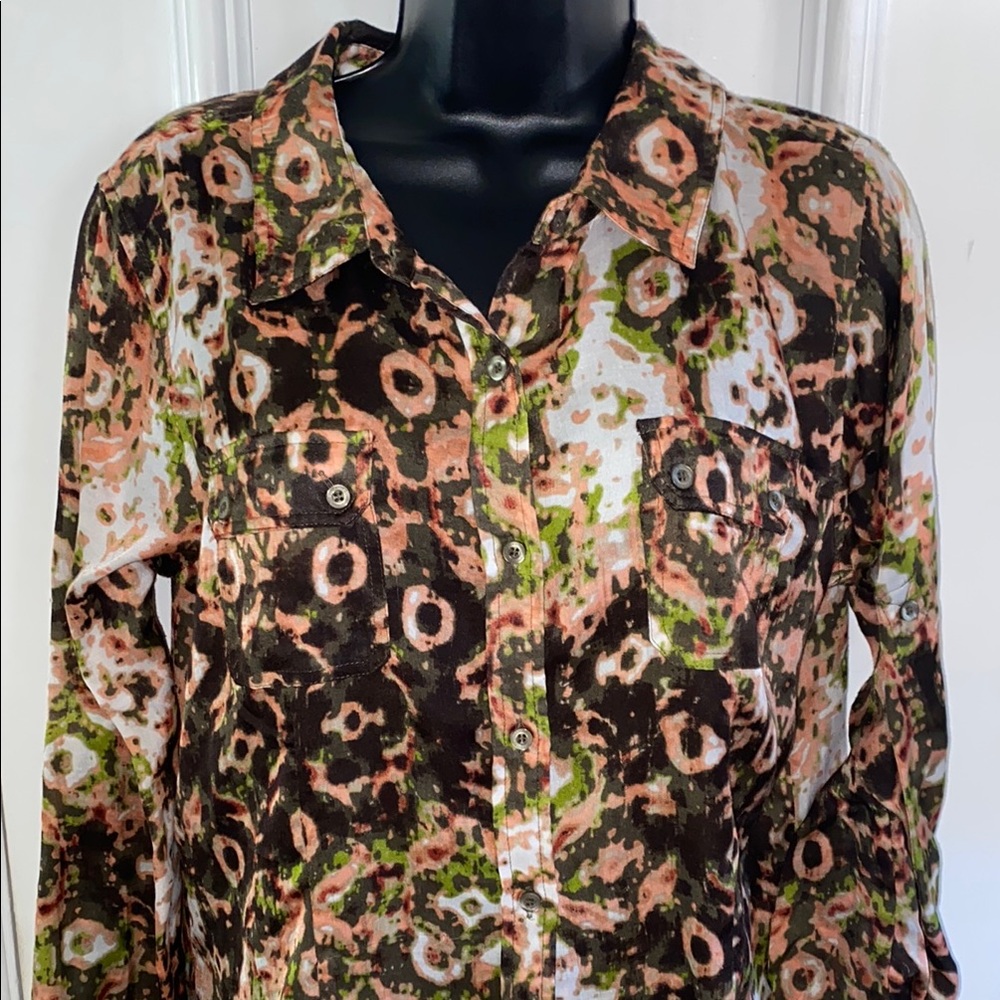 Calvin Klein Brown and Green Notched Collar Button Down Shirt Size L